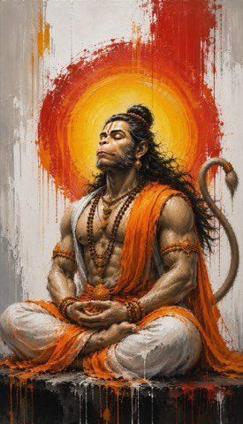 Lord Hanuman meditative painting in warm red and gold tones